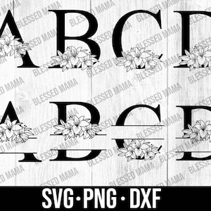 May include: Four black letters, A, B, C, and D, with floral designs and a horizontal line below each letter. The letters are in a simple, bold font. The floral designs are made up of stylised lilies.