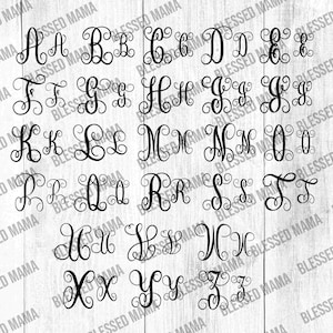 May include: A set of 26 black and white monogram letters with a decorative flourish. The letters are arranged in alphabetical order.