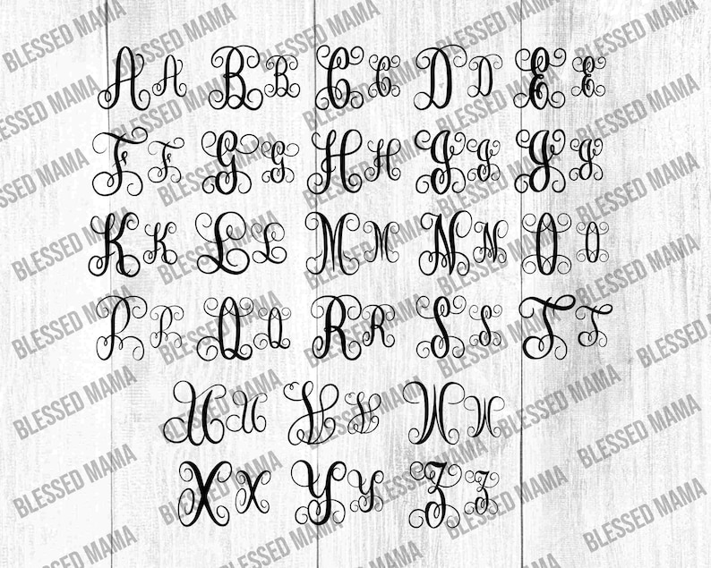 May include: A set of 26 black and white monogram letters with a decorative flourish. The letters are arranged in alphabetical order.