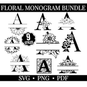 May include: A set of nine black and white floral monogram designs featuring the letter A. The designs include a variety of floral arrangements, including sunflowers, roses, and wreaths. The text "9 STYLES" is included in the image.