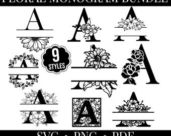 Pakiet Floral Monogram SVG, 9 alfabetów monogramów, pobieranie cyfrowe dla Cricut, pliki SVG/PDF/PNG pojedynczych liter