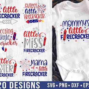 May include: 20 designs for a 4th of July themed baby onesie. The designs feature red, white, and blue fireworks, stars, and the text "Mommy's little firecracker", "Little Miss Firecracker", "Little Mister Firecracker", "Mama of a little Firecracker", "Cutest little Firecracker", "Expecting a little firecracker", and "Little Firecracker".