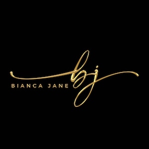 May include: Gold script lettering of the initials "BJ" with the text "Bianca Jane" below.