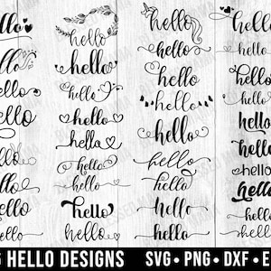 May include: A digital download of 36 different "hello" designs in black and white. The designs are in various fonts and styles, including cursive, script, and block lettering. The designs are perfect for use in crafting, scrapbooking, and other creative projects.