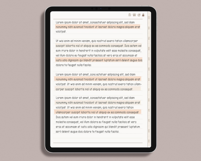 K&ouml;nnte beinhalten: Nahaufnahme eines digitalen Tablets, auf dem ein Textdokument mit den Worten "Lorem ipsum dolor sit amet, consectetuer adipiscing elit, sed diam nonummy nibh euismod tincidunt ut laoreet dolore magna aliquam erat volutpat." mehrmals wiederholt angezeigt wird.