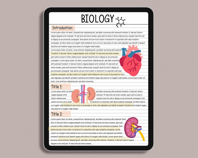 K&ouml;nnte beinhalten: Ein digitaler Tablet-Bildschirm zeigt eine Biologie-Lektion mit Illustrationen des menschlichen Herzens und der Nieren. Der Text enth&auml;lt den Titel "Biologie" und die W&ouml;rter "Einf&uuml;hrung", "Titel 1" und "Titel 2".