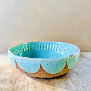 Handmade Blue Glazed Ceramic Bowl, Scalloped Coastal Pottery (19cm)