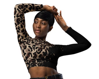 Leopard Print Long-Sleeve Crop Top - Recycled Polyester - UPF 50+ - Stylish and Eco-Friendly