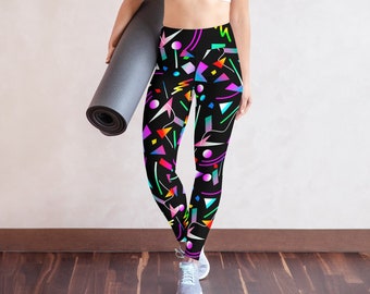 Women's 80's Retro Colorful Shapes Yoga Leggings - High Waist - UPF 50+ - Inner Pocket - Four-Way Stretch - Smooth Microfiber