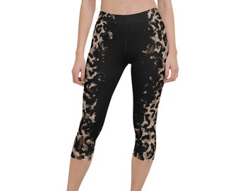 Leopard Print Capri Leggings - Black Splash Design - 38-40 UPF - Comfortable & Stylish