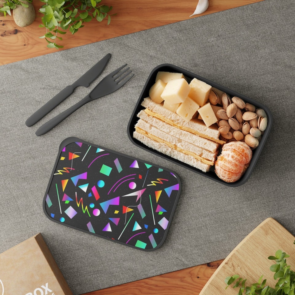 Discover 80s Colorful Shapes Print PLA Bento Box with Band and Utensils