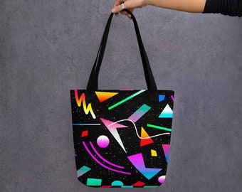 Bright and Bold 80s Retro Print Tote Bag, Random Colorful Shapes, Perfect Gift for any Retro Fashion Fan