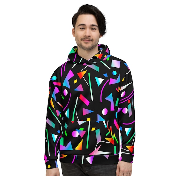 80s Retro Print Hoodie Bright Colorful Shapes Neon Graphic Hoodie Unisex  Retro Aesthetic Apparel 80s Inspired Fashion 80s Style Clothing 