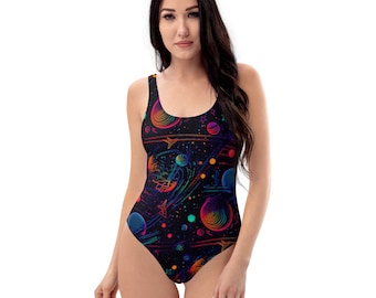 ElectroGalaxy 80s Neon One-Piece Swimsuit - Retro Vibes with Geometric Patterns for a Bold Poolside Statement