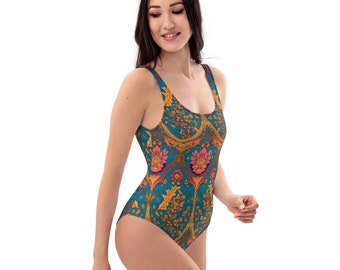 Swimsuit with Low Scoop Stylish Scoop Neck One Piece Colorful Swimwear Cute Colorful Bathing Suit Vibrant Beachwear Trendy Swim Fashion