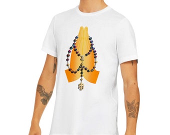 Premium Unisex Crewneck T-shirt with Praying Hands Graphic, Catholic Shirt Gift, Christian Tee Gift, Religious Short Sleeved Shirt