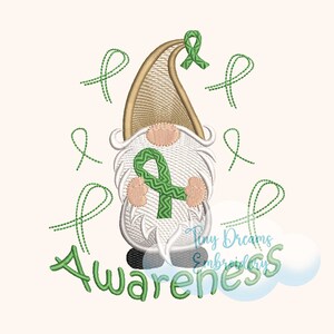 May include: Green awareness ribbon gnome with the word "awareness" in green lettering.  The gnome is holding a green ribbon in its hands.