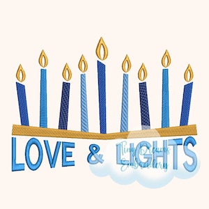 May include: Blue and gold embroidered design of nine candles with the text "LOVE & LIGHTS" underneath.