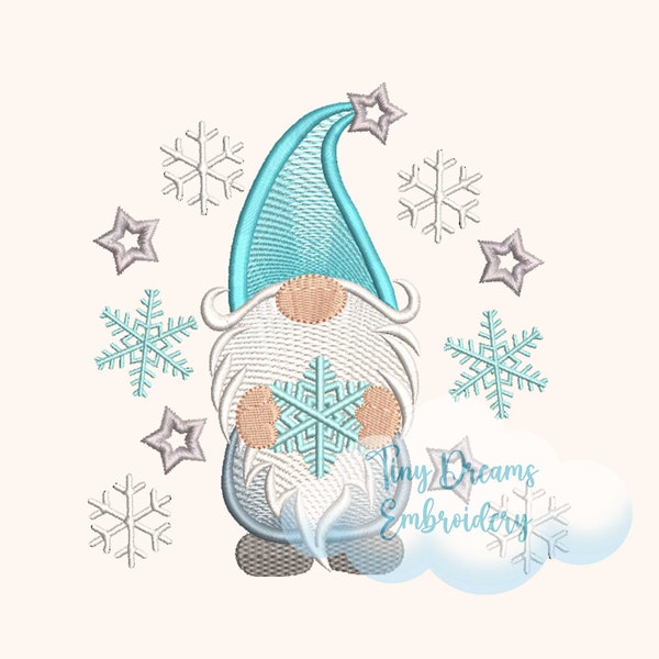 Diseño de bordado de máquina digital de gnomo de invierno Diseño de copo de nieve Bordado Diseño de bordado de gnomo de Navidad Diseño de bordado de nieve de invierno