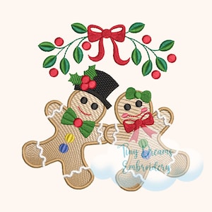 May include: Two gingerbread people with red and green decorations, holding hands under a garland of green leaves and red berries with a red bow.