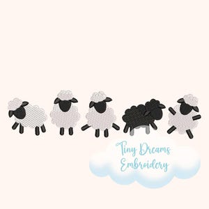 Könnte beinhalten: Ein gesticktes Design mit fünf Schafen. Vier sind weiß mit schwarzen Gesichtern und Beinen, und eines ist schwarz. Der Text "Tiny Dreams Embroidery" steht in hellblauer Schrift unter den Schafen auf einer weißen Wolke.
