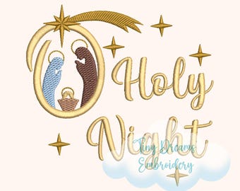 May include: An embroidered design featuring the Nativity scene with Mary, Joseph, and baby Jesus in a manger, surrounded by gold stars and the words "Holy Night". The design is in gold and brown on a cream background.