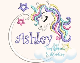 Niedliches Einhorn Digitale Maschine Stickerei Design Baby Einhorn Benutzerdefinierte Monogramm Stickerei Design Personalisierte Mädchen Name Design Stickerei Sterne