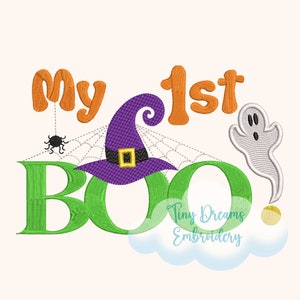 First Boo ベビーハロウィンマシン刺繍デザイン、ゴースト、スパイダーウェブステッチ（デジタルダウンロード）