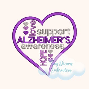 May include: Purple heart-shaped design with the words "love", "support", "ALZHEIMER'S", "awareness", and "HOPE" inside. Three small hearts are also included in the design.