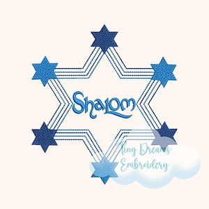 May include: A blue and white embroidered design of a Star of David with the word "Shalom" in the center. The design is surrounded by a series of concentric circles.
