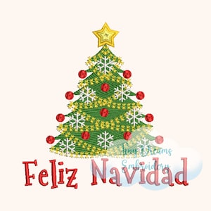 Op de afbeelding: Groene kerstboom met rode kerstballen en witte sneeuwvlokken. Een gele ster zit bovenop de boom. De tekst "Feliz Navidad" staat in rood onder de boom.
