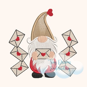 Diseño de bordado a máquina digital de gnomo con carta de amor Diseño de gnomo de San Valentín Bordado Diseño de bordado de carta de amor Diseño de bordado de corazón