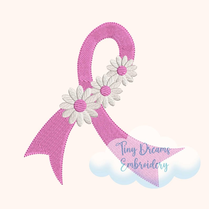 Pink Flower Ribbon Digital Machine Embroidery Design Breast Cancer Embroidery