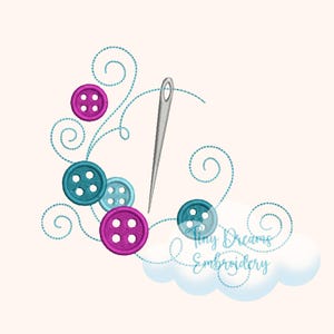Pode incluir: Uma ilustração com agulha e linha com botões. Os botões são verde-azulado e magenta, e a linha forma padrões em espiral. O texto "Tiny Dreams Embroidery" está escrito em uma fonte de script em uma nuvem.