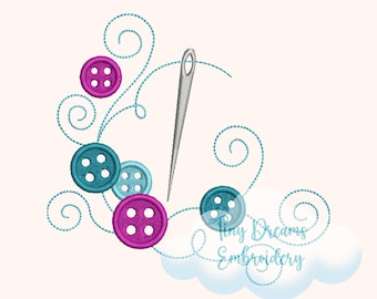 May include: An illustration featuring a needle and thread with buttons. The buttons are teal and magenta, and the thread forms swirling patterns. The text "Tiny Dreams Embroidery" is written in a script font on a cloud.