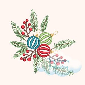May include: An embroidered Christmas design featuring three ornaments in blue, green, and red, accented with green pine needles and red berries. The ornaments have gold-colored caps and are arranged in a festive cluster.
