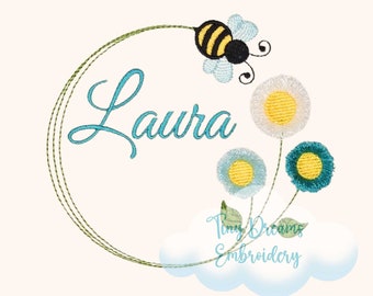 Floral Bee Fringed Chenille Monogram Embroidery Design (Digital Download)