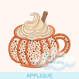 Motif de broderie machine numérique appliqué citrouille épicée Motif café au lait d&#39;automne à broder crème cannelle Motif de broderie citrouille épicée