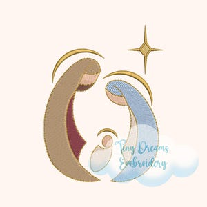May include: An embroidered nativity scene with gold accents. The design features the figures of Mary, Joseph, and baby Jesus, with a gold star above. The text "Tiny Dreams Embroidery" is also included.