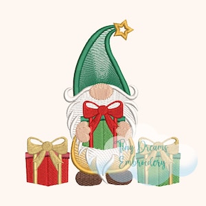 Diseño de bordado de gnomo navideño: regalo navideño, estrella (descarga digital)