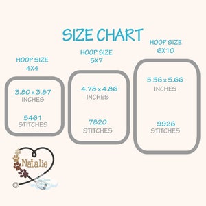 May include: Size chart for embroidery hoops, showing the hoop size in inches and the number of stitches. The chart shows three sizes: 4x4, 5x7, and 6x10. The chart is labeled "Size Chart".