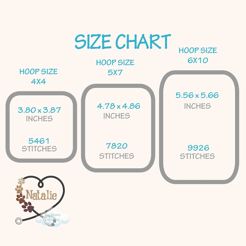 May include: Size chart for embroidery hoops, showing the hoop size in inches and the number of stitches. The chart shows three sizes: 4x4, 5x7, and 6x10. The chart is labeled "Size Chart".