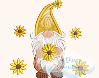 Floral Sunflower Gnome Embroidery Design (Digital Download)