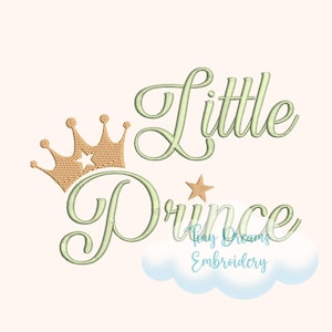 May include: Green embroidery design with the text "Little Prince" in a cursive font. A gold crown with a star is above the word "Prince".