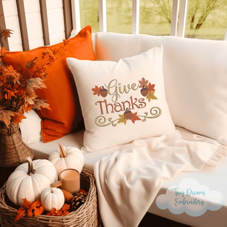 Give Thanks Digital Machine Embroidery Design Thanksgiving Design Embroidery Fall Leaf Embroidery Design