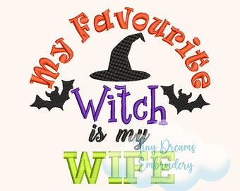 Witch Embroidery Design: Halloween Hat & Bat (Digital Download)