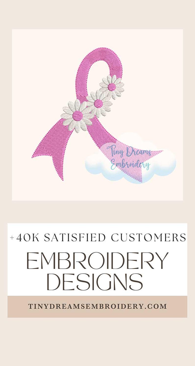 Pink Flower Ribbon Digital Machine Embroidery Design Breast Cancer Embroidery