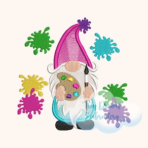 May include: A gnome holding a paint palette and paintbrush, surrounded by colorful paint splatters. The gnome is wearing a pink hat, a white beard, and a blue and turquoise outfit.