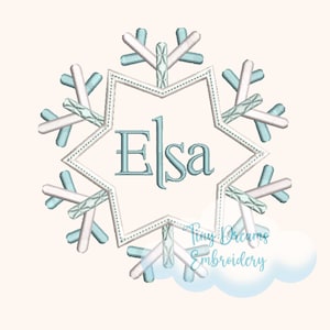 May include: A blue and white snowflake design with the name "Elsa" in the center. The snowflake is surrounded by a white star shape.