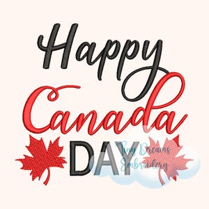 May include: Happy Canada Day with a red maple leaf on each side of the text.